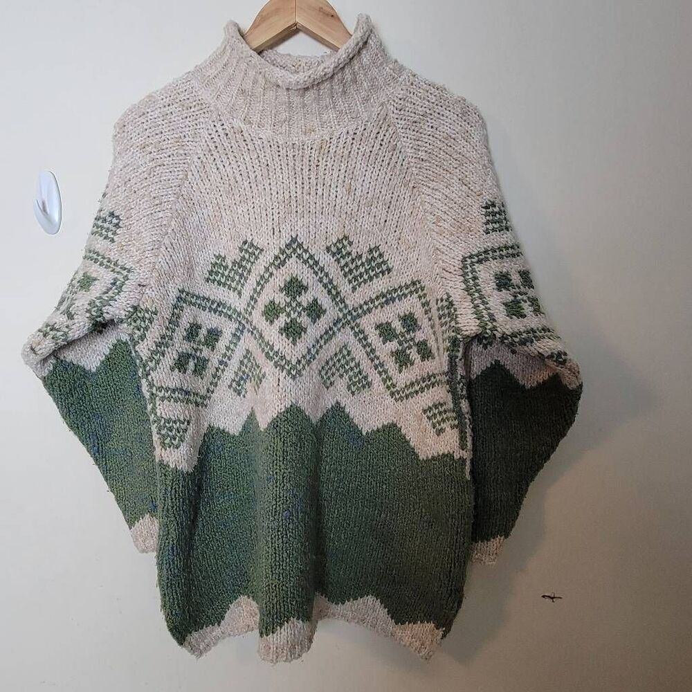 Vintage 90's High Neck Aztec Print Long length Relais Sweater Cream Green Large